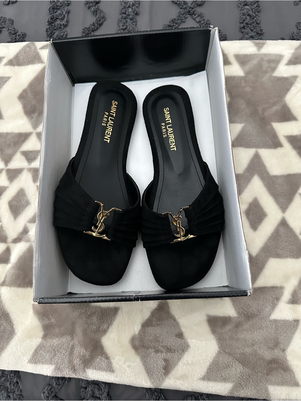 Black Suede Slide Mules with Gold YSL Accent